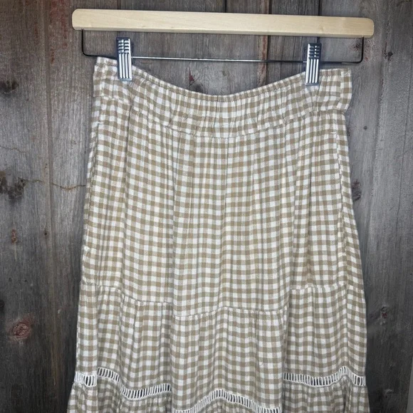 Madewell Gingham Tiered Linen Blend Maxi Skirt Tan Cream XS - Picture 4 of 11